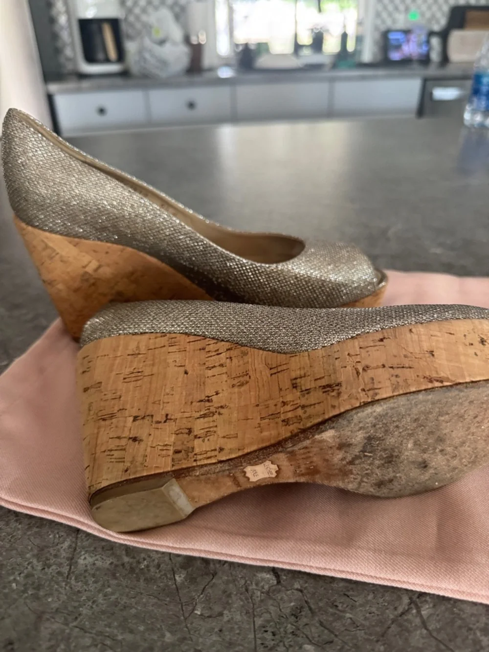Stuart Weitzman Metallic Gold Peep-Toe Cork Wedge Heels - Picture 2 of 3